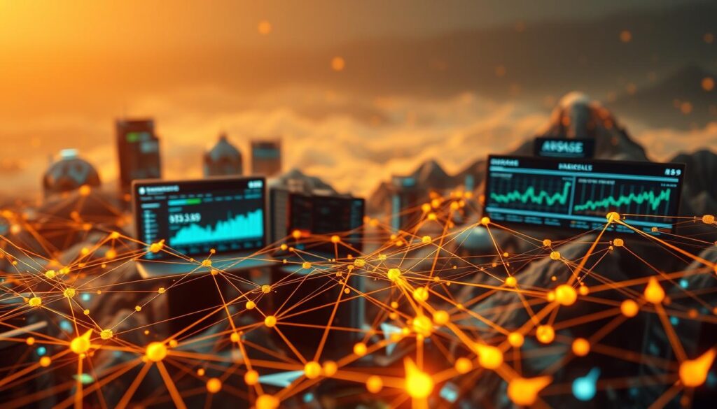 A dynamic financial landscape of interconnected token movements and exchange flows, captured through a high-resolution, cinematic lens. In the foreground, a captivating visualization of cryptocurrency transactions, with arrows and lines tracing the intricate pathways of digital assets. The middle ground showcases various exchange platforms, their interfaces and data visualizations, hinting at the complexity of the crypto ecosystem. The background features a subtle, ethereal backdrop, conveying the sense of a vast, ever-evolving digital realm. Warm, directional lighting accentuates the depth and dimensionality of the scene, while a high-quality depth of field effect adds a sense of realism and focus to the key elements. The overall atmosphere is one of analytical clarity, technological sophistication, and the fluid dynamism of the cryptocurrency markets.