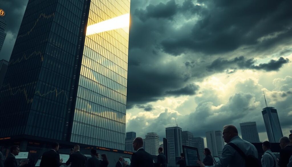 A dynamic financial landscape with a towering skyscraper representing the market, its gleaming glass facade reflecting the ebb and flow of Bitcoin reserves. In the foreground, a bustling trading floor with brokers and analysts intently monitoring data streams, the light casting dramatic shadows across their focused expressions. In the background, a stormy sky with clouds symbolizing the volatility and uncertainty surrounding Bitcoin's liquidity. The scene conveys a sense of high-stakes decision-making, where the market implications of fluctuating Bitcoin reserves are palpable and ever-present. A dynamic financial landscape with a towering skyscraper representing the market, its gleaming glass facade reflecting the ebb and flow of Bitcoin reserves. In the foreground, a bustling trading floor with brokers and analysts intently monitoring data streams, the light casting dramatic shadows across their focused expressions. In the background, a stormy sky with clouds symbolizing the volatility and uncertainty surrounding Bitcoin's liquidity. The scene conveys a sense of high-stakes decision-making, where the market implications of fluctuating Bitcoin reserves are palpable and ever-present.