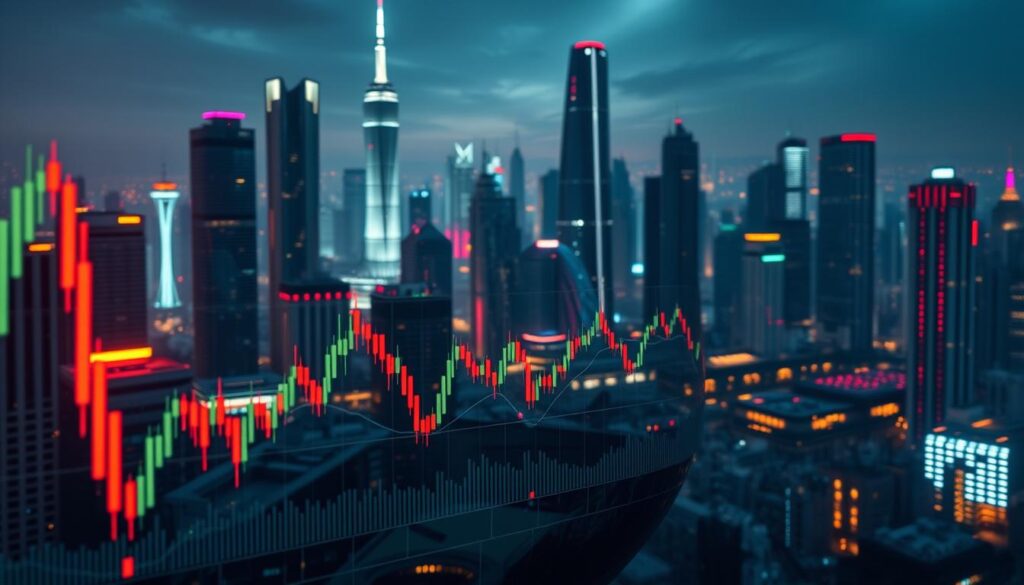 A dynamic financial landscape with charts, graphs, and data visualizations showcasing the nuances of market volatility and price movements. The foreground features a detailed candlestick chart, reflecting the ebb and flow of asset prices over time. The middle ground presents a series of line graphs and indicators, conveying key market insights. In the background, a futuristic cityscape with towering skyscrapers and pulsing neon lights sets the stage for this exploration of the financial world. Lighting is dramatic, with a mix of warm and cool tones, creating a sense of depth and immersion. The overall atmosphere is one of analytical rigor and technological sophistication, inviting the viewer to delve deeper into the complexities of the market.