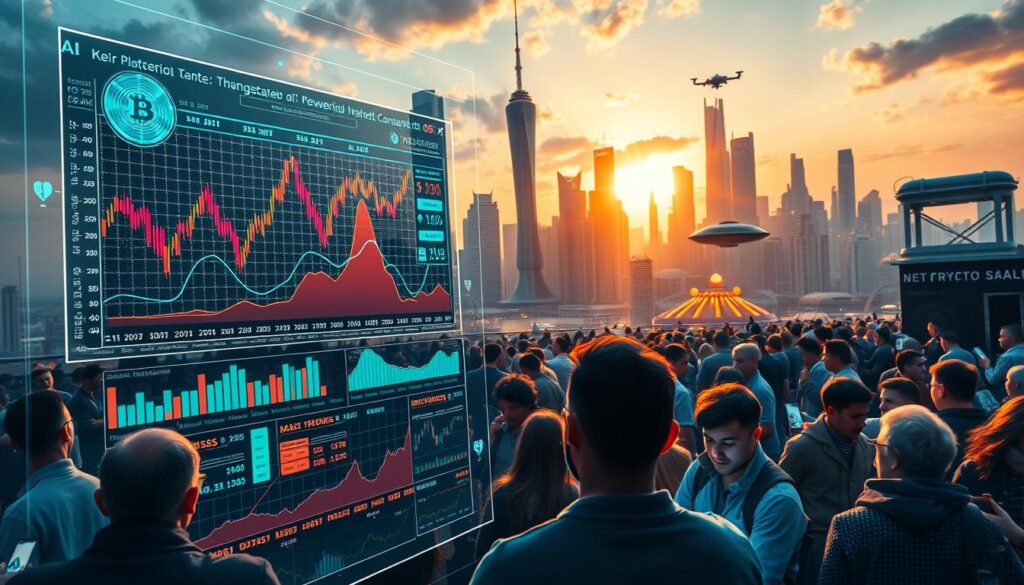 A dynamic, futuristic cityscape with towering skyscrapers and gleaming spires. In the foreground, a holographic display showcases a detailed AI-powered market analysis, with vibrant graphs, charts, and data visualizations. The middle ground features a diverse crowd of crypto traders, their faces illuminated by the glow of their digital devices as they monitor the real-time market trends. The background is bathed in a warm, techno-futuristic glow, with floating platforms and hovering transport vehicles, conveying a sense of innovation and progress. The scene is captured with a wide-angle lens, creating a sense of depth and grandeur, while the lighting is a combination of natural daylight and artificial, digital illumination, lending an ethereal quality to the image. A dynamic, futuristic cityscape with towering skyscrapers and gleaming spires. In the foreground, a holographic display showcases a detailed AI-powered market analysis, with vibrant graphs, charts, and data visualizations. The middle ground features a diverse crowd of crypto traders, their faces illuminated by the glow of their digital devices as they monitor the real-time market trends. The background is bathed in a warm, techno-futuristic glow, with floating platforms and hovering transport vehicles, conveying a sense of innovation and progress. The scene is captured with a wide-angle lens, creating a sense of depth and grandeur, while the lighting is a combination of natural daylight and artificial, digital illumination, lending an ethereal quality to the image.