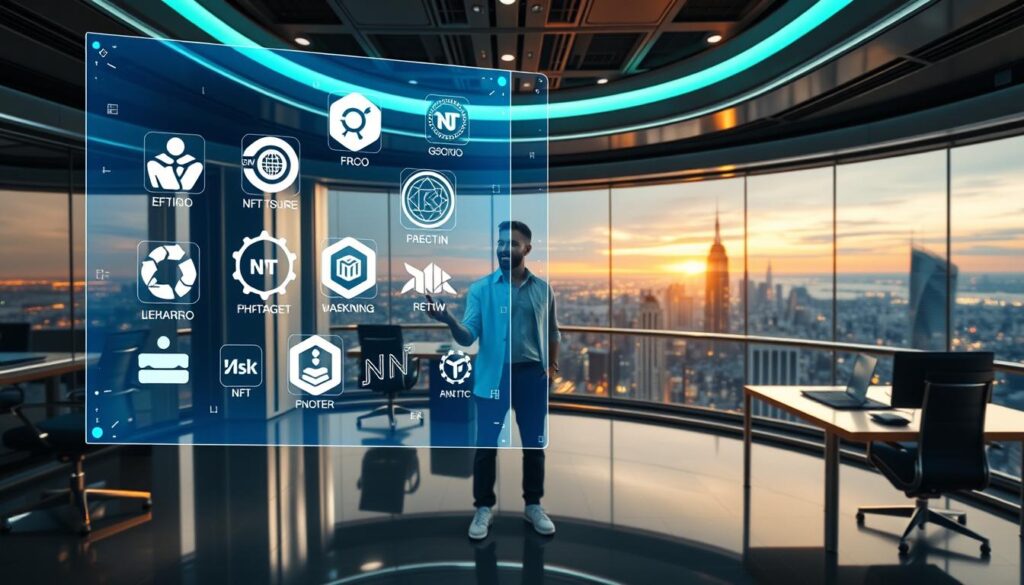 A dynamic, futuristic scene showcasing the power of NFT affiliate marketing. In the foreground, a holographic display depicts various NFT projects, their logos and details hovering in mid-air. In the middle ground, a digital influencer stands, gesturing towards the display, their face and form illuminated by the soft, ambient lighting. The background features a sleek, high-tech office environment, with gleaming chrome and glass surfaces, and a panoramic view of a bustling metropolis in the distance. The overall atmosphere is one of innovation, opportunity, and the seamless integration of digital and physical realms. A dynamic, futuristic scene showcasing the power of NFT affiliate marketing. In the foreground, a holographic display depicts various NFT projects, their logos and details hovering in mid-air. In the middle ground, a digital influencer stands, gesturing towards the display, their face and form illuminated by the soft, ambient lighting. The background features a sleek, high-tech office environment, with gleaming chrome and glass surfaces, and a panoramic view of a bustling metropolis in the distance. The overall atmosphere is one of innovation, opportunity, and the seamless integration of digital and physical realms.