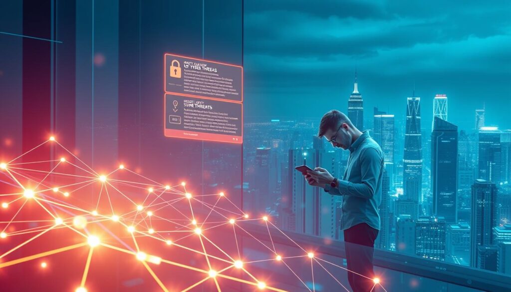 A dynamic illustration of blockchain security trends, captured in a sleek, futuristic setting. In the foreground, a blockchain network diagram glows with vibrant energy, its nodes interconnected by shimmering data streams. In the middle ground, a security analyst intently examines the network, their workspace illuminated by holographic displays showcasing the latest cyber threats. In the background, a cityscape of towering skyscrapers stretches out, symbolizing the ever-expanding digital landscape that blockchain technology aims to secure. The scene is bathed in a cool, azure-tinted lighting, evoking a sense of technological sophistication and the growing importance of blockchain security audits. A dynamic illustration of blockchain security trends, captured in a sleek, futuristic setting. In the foreground, a blockchain network diagram glows with vibrant energy, its nodes interconnected by shimmering data streams. In the middle ground, a security analyst intently examines the network, their workspace illuminated by holographic displays showcasing the latest cyber threats. In the background, a cityscape of towering skyscrapers stretches out, symbolizing the ever-expanding digital landscape that blockchain technology aims to secure. The scene is bathed in a cool, azure-tinted lighting, evoking a sense of technological sophistication and the growing importance of blockchain security audits.
