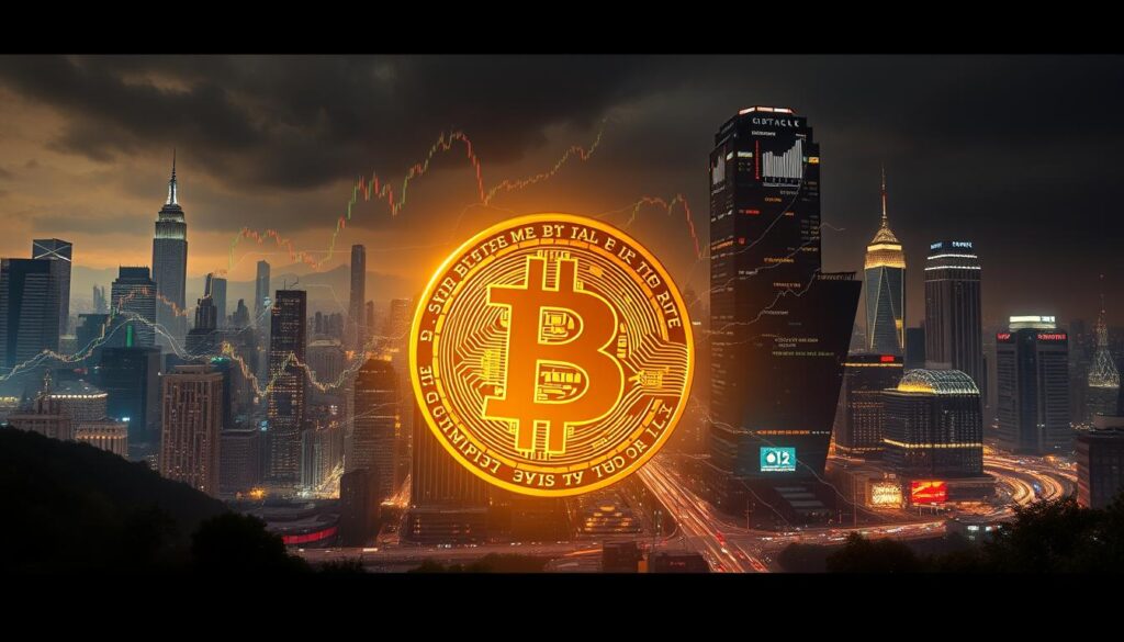 A dynamic landscape where Bitcoin and traditional assets intertwine. In the foreground, a vibrant Bitcoin symbol casts a golden glow, its digital essence pulsating with energy. In the middle ground, a kaleidoscope of stock charts, precious metals, and financial instruments dance in a synchronized rhythm, reflecting the complex interactions between cryptocurrency and conventional markets. The background is a moody, atmospheric cityscape, its towering skyscrapers and bustling streets serving as a backdrop to the evolving relationship between the digital and the analog realms of finance. The scene is illuminated by a dramatic, cinematic lighting, creating a sense of tension and possibilities.