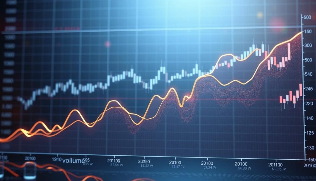 A dynamic, multi-layered chart depicting the historical volatility trends of Bitcoin. In the foreground, a line graph showcases the cryptocurrency's price fluctuations over time, rendered in shimmering metallic tones that evoke the digital nature of the asset. In the middle ground, a scatter plot of trading volume data provides additional context, while the background features a sleek, minimalist grid of candlestick charts, capturing the ebb and flow of the market. The overall composition is bathed in a cool, futuristic glow, conveying the sense of an ever-evolving, data-driven financial landscape.