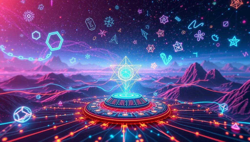 A dynamic, multiverse-inspired landscape depicting the evolution of NFT utility in DeFi. In the foreground, a central blockchain hub serves as the foundation, with various DeFi protocols and dApps represented as holographic, interlocking structures. In the middle ground, streams of data and currency flows weave through the scene, interconnecting the different elements. In the background, a vast, ethereal expanse filled with evolving NFT forms, representing the ever-expanding possibilities of NFT integration into decentralized finance. Vibrant, neon-infused lighting casts an otherworldly glow, conveying the futuristic, innovative nature of this emerging field. Cinematic camera angles and depth of field create a sense of depth and grandeur, highlighting the transformative potential of NFTs within the DeFi ecosystem. A dynamic, multiverse-inspired landscape depicting the evolution of NFT utility in DeFi. In the foreground, a central blockchain hub serves as the foundation, with various DeFi protocols and dApps represented as holographic, interlocking structures. In the middle ground, streams of data and currency flows weave through the scene, interconnecting the different elements. In the background, a vast, ethereal expanse filled with evolving NFT forms, representing the ever-expanding possibilities of NFT integration into decentralized finance. Vibrant, neon-infused lighting casts an otherworldly glow, conveying the futuristic, innovative nature of this emerging field. Cinematic camera angles and depth of field create a sense of depth and grandeur, highlighting the transformative potential of NFTs within the DeFi ecosystem.