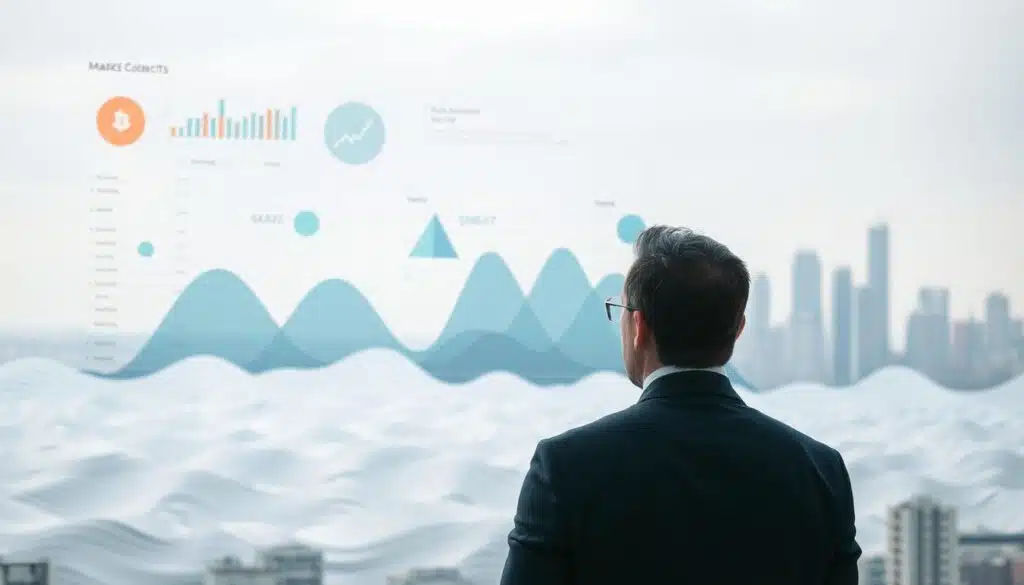 A dynamic portfolio visualization showcasing diversification strategies amidst a turbulent economic backdrop. In the foreground, an investor examines a holistic dashboard of asset classes - stocks, bonds, commodities, and cryptocurrencies - represented by distinct geometric shapes. The middle ground depicts a rippling wave pattern, symbolizing market volatility and risk. In the distant background, a muted cityscape with skyscrapers hints at the macroeconomic context. Lighting is soft and diffused, creating a contemplative atmosphere. The composition emphasizes balance, interconnectedness, and the need for strategic risk management in uncertain times.