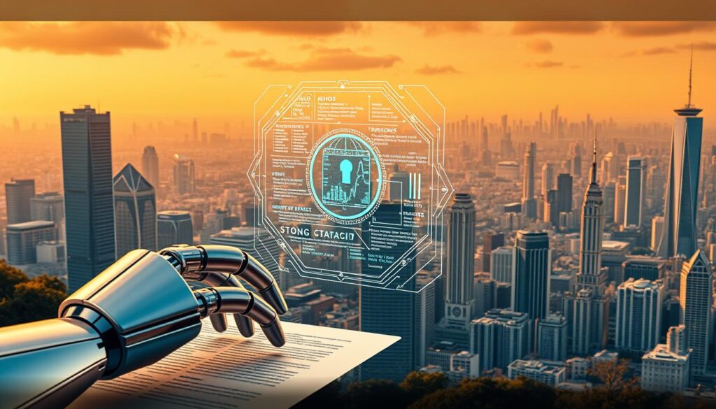 A dynamic progression of smart contract auditing techniques, from manual code inspection to advanced AI-powered automation. In the foreground, a sleek, metallic robotic hand delicately examining the intricate lines of a smart contract, its movements precise and efficient. In the middle ground, a holographic display showcases a complex algorithmic audit, data points and security metrics cascading across the screen. In the background, a vast cityscape of towering skyscrapers and futuristic architecture, representing the expanding blockchain ecosystem. Warm lighting casts a futuristic glow, while a sense of technological sophistication and innovation permeates the scene.