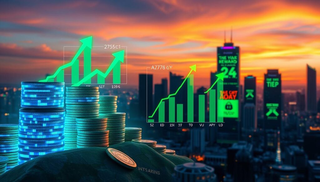 A dynamic representation of crypto staking returns depicted as a vibrant, futuristic city skyline at dusk. In the foreground, stacks of digital coins symbolizing various cryptocurrencies, glowing with neon blue and green lights, radiate wealth and prosperity. The middle section features charts displaying high Annual Percentage Yields (APY), represented as ascending green arrows, embodying optimistic growth. The background shows a skyline with skyscrapers adorned with holographic advertisements for crypto staking incentives. The lighting is dramatic, with a rich sunset blending warm oranges and cool blues, creating an inspiring and hopeful atmosphere. The image is captured with a wide-angle lens to emphasize depth and grandeur, inviting the viewer to envision a prosperous future through staking rewards.