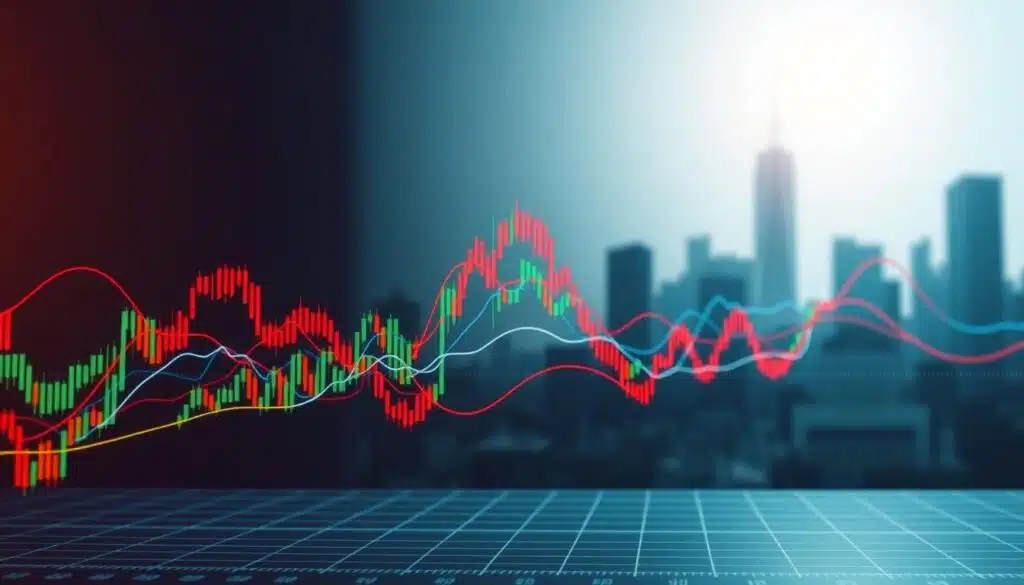 A dynamic scene depicting the essence of moving averages for technical analysis. In the foreground, a series of undulating lines representing multiple moving averages in various colors, overlaid on a candlestick chart of financial data. The lines gracefully rise and fall, capturing the rhythm of market trends. In the middle ground, a subtle grid or coordinate system provides context and scale. The background features a softly blurred cityscape or financial skyline, suggesting the broader market environment. The lighting is clean and directional, casting subtle shadows that accentuate the depth and dimensionality of the elements. The overall mood is one of analytical precision and market insight, inviting the viewer to explore the power of moving averages for trend identification and trading strategies.