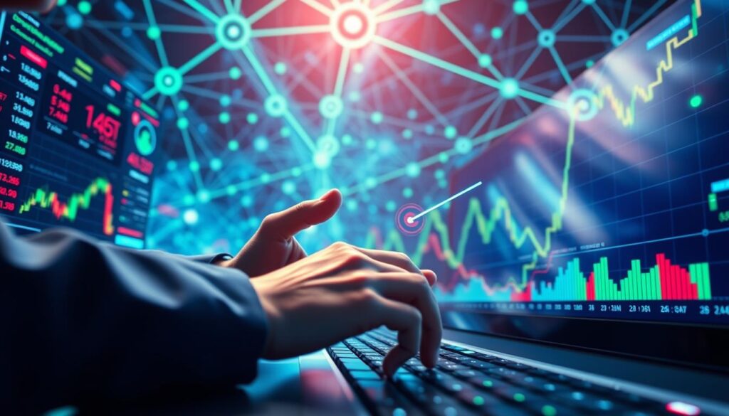 A dynamic scene of a digital trading platform, with a sleek, high-tech interface showcasing real-time cryptocurrency prices and trading data. The foreground features a user's hands rapidly executing a series of lightning-fast transactions, taking advantage of fleeting arbitrage opportunities. The background depicts a complex network of interconnected blockchain nodes, pulsing with the energy of automated trading algorithms. Vibrant hues of blue and green create a futuristic, neon-lit atmosphere, while dynamic camera angles and dramatic lighting convey a sense of urgency and precision. This image captures the essence of flash loan arbitrage, a cutting-edge technique for capitalizing on the volatility of the crypto markets.