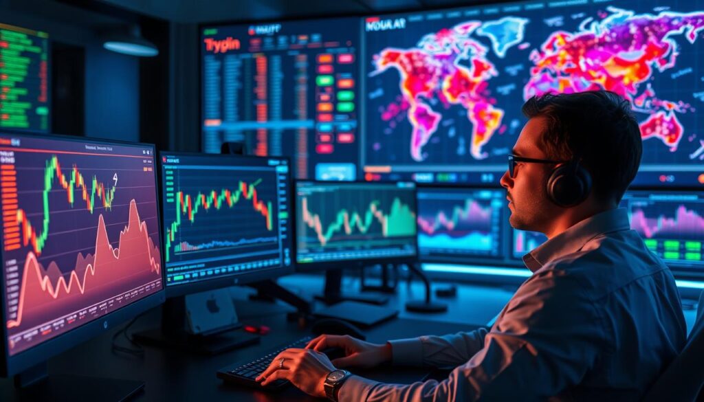 A dynamic trading desk with an array of holographic screens and interactive data visualizations. A trader intently studies volume patterns, candlestick charts, and order flow, illuminated by soft, ambient lighting. In the foreground, a volumetric display shows real-time trading volume and market depth, with peaks and valleys denoting key support and resistance levels. In the background, a wall-sized screen depicts a global heatmap of cryptocurrency activity, pulsing with vibrant colors. The scene conveys a sense of analytical focus, technological sophistication, and the strategic application of volume data to inform profitable trading decisions. A dynamic trading desk with an array of holographic screens and interactive data visualizations. A trader intently studies volume patterns, candlestick charts, and order flow, illuminated by soft, ambient lighting. In the foreground, a volumetric display shows real-time trading volume and market depth, with peaks and valleys denoting key support and resistance levels. In the background, a wall-sized screen depicts a global heatmap of cryptocurrency activity, pulsing with vibrant colors. The scene conveys a sense of analytical focus, technological sophistication, and the strategic application of volume data to inform profitable trading decisions.