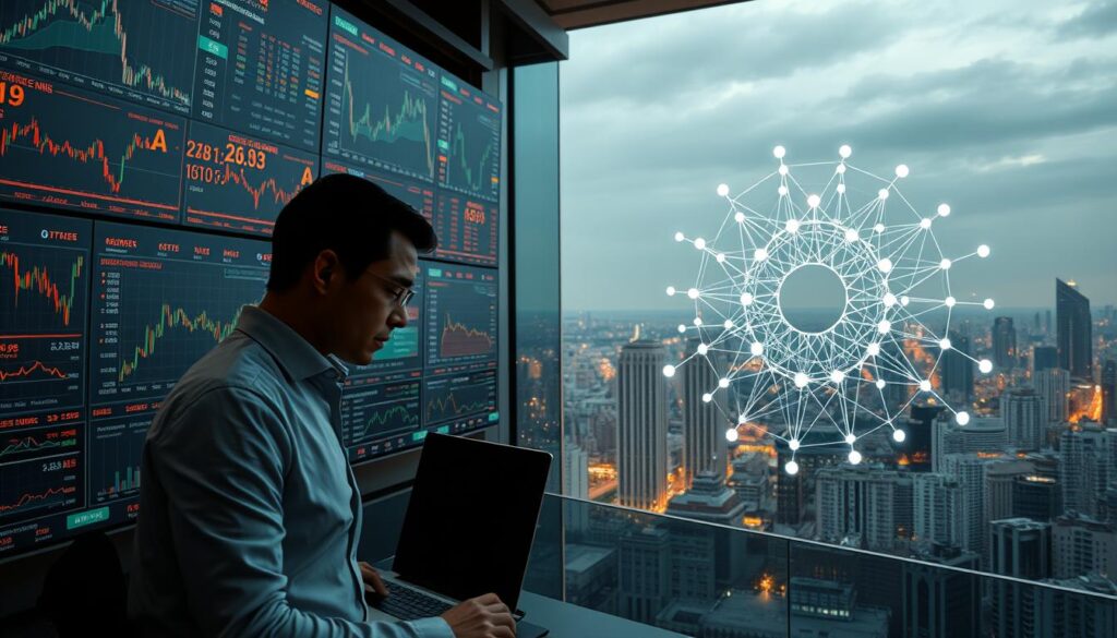 A dynamic trading floor with digital screens displaying stock charts, cryptocurrency graphs, and market data. In the foreground, a trader intensely analyzing the data, making calculated decisions. The middle ground features a sophisticated AI algorithm visualized as a complex neural network, processing real-time financial information. The background showcases a panoramic view of a bustling city skyline, reflecting the global nature of the financial markets. Warm lighting casts a professional, authoritative atmosphere, complemented by a minimalist, modern design aesthetic. The overall scene conveys the precision, speed, and prowess required for effective trading strategies in the cryptocurrency arbitrage space.