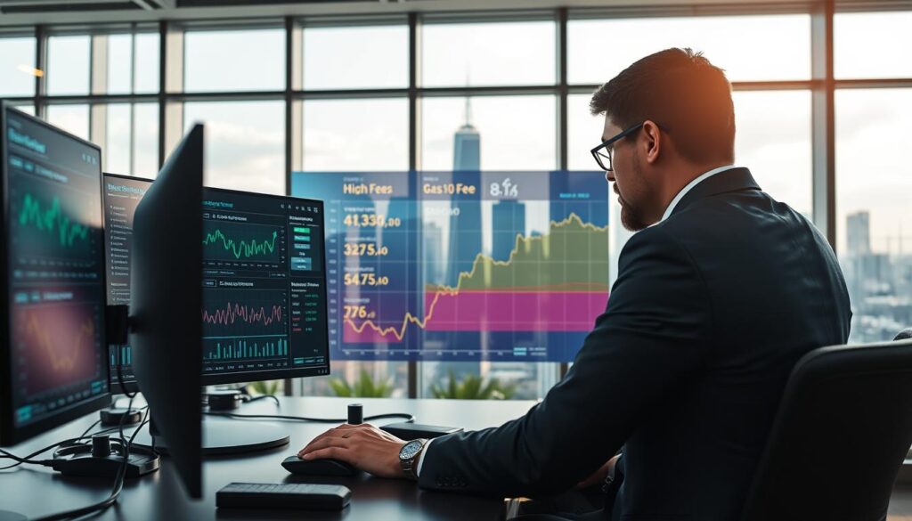 A dynamic visual representation of gas optimization in DeFi yield farming, set in a sleek, modern office environment. In the foreground, a professional individual in business attire analyzes data on multiple screens, displaying charts and graphs related to fees and yields. The middle ground features a large digital display showcasing a flow of cryptocurrency transactions, with highlighted areas indicating high gas fees and optimized yields. In the background, a city skyline through large glass windows symbolizes the expansive financial landscape. The lighting is bright and focused, emphasizing the screens and the individual, creating an atmosphere of innovation and strategic decision-making. The perspective is slightly angled to provide depth, fostering a sense of engagement and urgency in the financial technology space.
