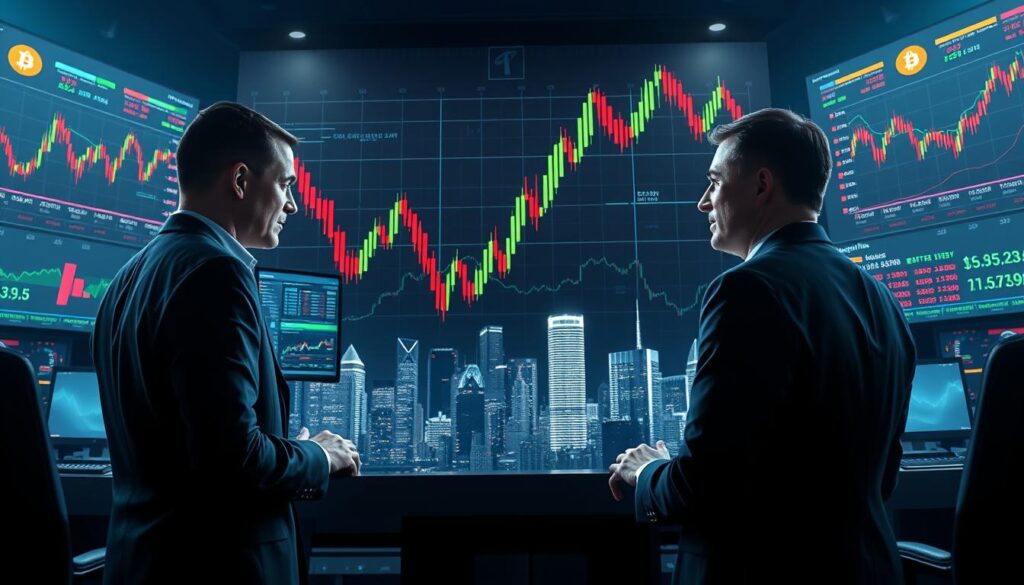 A dynamic visualization of bitcoin trading volatility, featuring a futuristic financial trading room in the foreground. In the center, a sleek, multi-screen trading setup displays fluctuating bitcoin charts, with vibrant red and green candlestick patterns illustrating sharp price changes. Traders in professional business attire focus intently on the screens, their expressions a mix of concentration and determination. The middle ground showcases a digital backdrop of a city skyline with overlaid graphs and bitcoin symbols, creating an atmosphere of bustling activity. In the background, dramatic lighting casts long shadows, heightening the tension of market unpredictability. The overall mood is one of excitement and urgency, capturing the essence of bitcoin's volatile nature and the fast-paced world of trading.