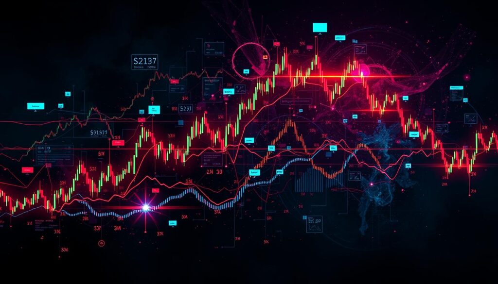 A dynamic visualization of cryptocurrency market volatility and returns. A chaotic kaleidoscope of line graphs, candlestick charts, and risk metrics, illuminated by a vibrant neon glow. Against a backdrop of dark, textured abstractions representing the unpredictable nature of the crypto landscape. Overlapping data visualizations convey the volatility and risk characteristics, while the overall composition evokes a sense of the complexity and excitement inherent in the crypto markets. A dynamic visualization of cryptocurrency market volatility and returns. A chaotic kaleidoscope of line graphs, candlestick charts, and risk metrics, illuminated by a vibrant neon glow. Against a backdrop of dark, textured abstractions representing the unpredictable nature of the crypto landscape. Overlapping data visualizations convey the volatility and risk characteristics, while the overall composition evokes a sense of the complexity and excitement inherent in the crypto markets.