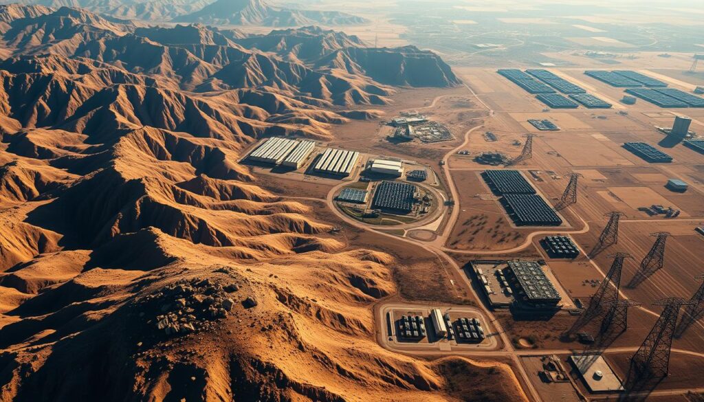 A dynamic, wide-angle aerial view of the geographic evolution of Bitcoin mining from China to the United States. In the foreground, a cluster of mining rigs and data centers in a remote Chinese landscape, surrounded by rugged mountains. In the middle ground, a gradual shift as mining operations move westward, with large-scale facilities emerging across the American heartland. The background depicts the growth of the U.S. Bitcoin mining industry, with vast server farms dotting the countryside, connected by a web of high-voltage transmission lines. Dramatic lighting casts long shadows, conveying the scale and significance of this technological and economic transition.