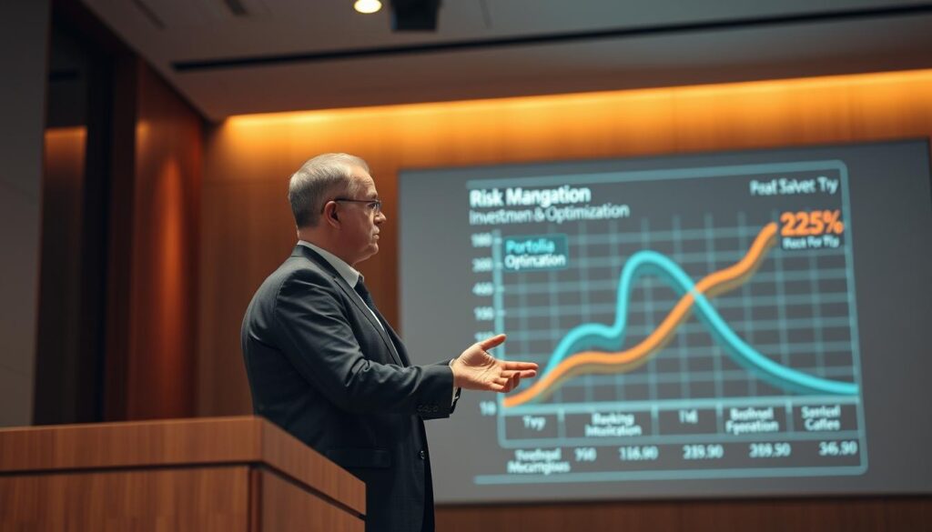 A financial advisor in a suit stands at a podium, delivering a presentation on risk management strategies for investors. Behind them, a large holographic display shows a graph with investment portfolio optimization, diversification, and risk mitigation techniques. The lighting is warm and professional, with a depth of field that focuses the viewer's attention on the speaker and the information they are conveying. The angle is slightly elevated, giving a sense of authority and expertise. The overall mood is one of thoughtful consideration and practical guidance for making informed investment decisions. A financial advisor in a suit stands at a podium, delivering a presentation on risk management strategies for investors. Behind them, a large holographic display shows a graph with investment portfolio optimization, diversification, and risk mitigation techniques. The lighting is warm and professional, with a depth of field that focuses the viewer's attention on the speaker and the information they are conveying. The angle is slightly elevated, giving a sense of authority and expertise. The overall mood is one of thoughtful consideration and practical guidance for making informed investment decisions.