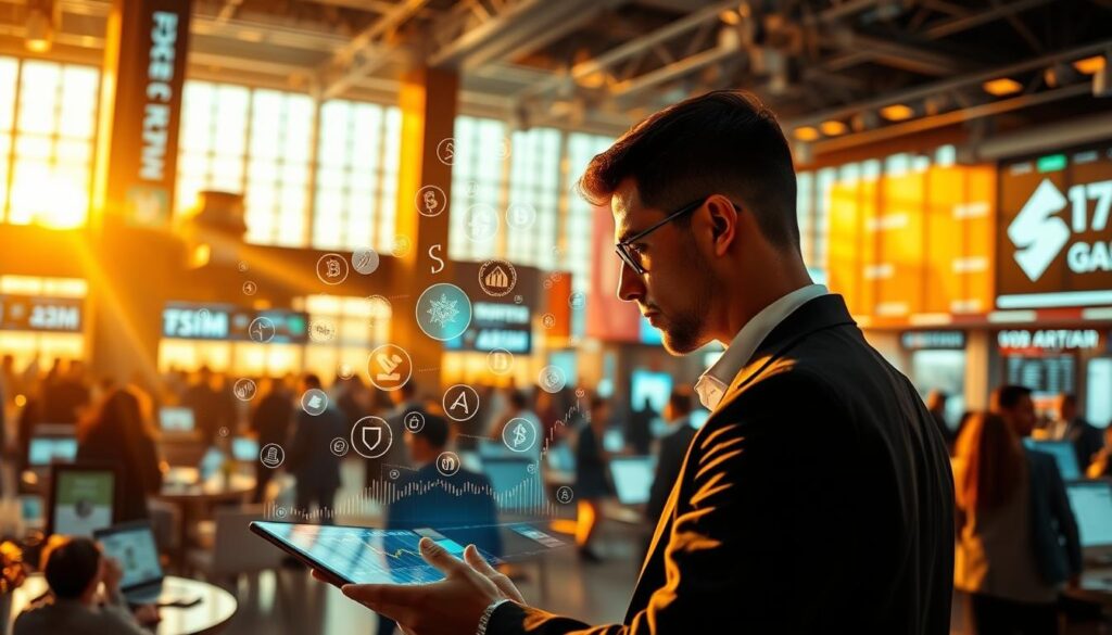 A financial hub bustling with activity, illuminated by warm, golden light filtering through floor-to-ceiling windows. At the center, a trader intently monitors digital asset prices on a sleek, holographic display. Surrounding them, various cryptocurrency symbols and logos dance across the screen, reflecting the trader's focus on minimizing trading fees by leveraging the native tokens of the exchange platform. The scene conveys a sense of technological sophistication and financial prowess, capturing the essence of optimizing trading costs in the digital asset realm.