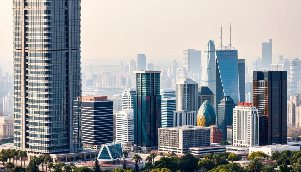 A financial landscape with various crypto exchange platforms represented as modern buildings, each with distinct architectural styles. In the foreground, a towering skyscraper symbolizes a prominent cryptocurrency exchange, its gleaming facade reflecting the intricacies of fiat-to-crypto fee structures. In the middle ground, a cluster of smaller buildings showcases different crypto-to-crypto fee strategies, their geometric shapes and colors conveying the diversity of options available to investors. The background features a hazy cityscape, with the skyline dotted with digital tokens and blockchain symbols, creating an atmosphere of technological innovation and financial transformation.