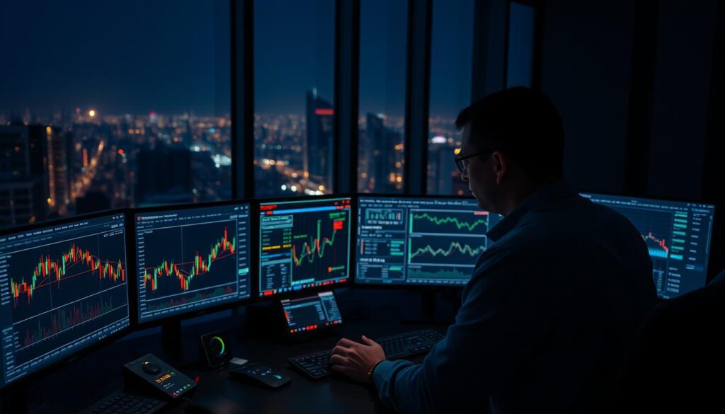 A financial trading office at night, the glow of multiple screens illuminating the workspace. In the foreground, a trader meticulously analyzes historic price data, charting complex trading strategies. The middle ground features an array of financial instruments - candlestick charts, stock tickers, and risk management dashboards. In the background, a large window overlooks a nighttime cityscape, the distant lights reflecting off the surface of the trading desk. The atmosphere is focused and intense, with a sense of purpose and determination driving the backtest process. Soft, directional lighting casts dramatic shadows, highlighting the concentration and dedication of the trader.