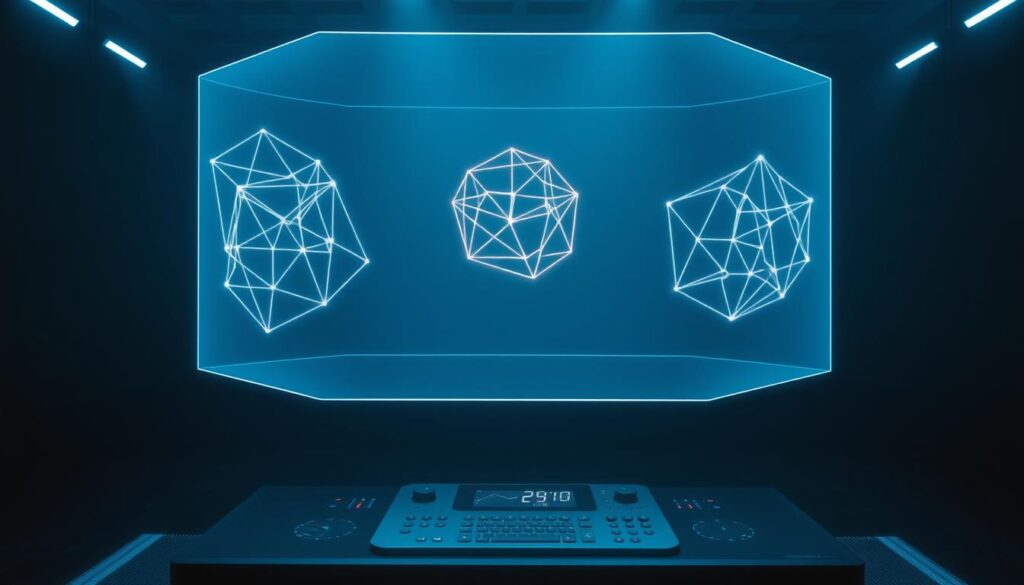 A floating holographic display in a dimly lit, futuristic setting. The foreground shows a series of intricate, geometric wireframe shapes representing zero-knowledge rollups validity proofs, glowing with a soft, neon-like luminescence. The middle ground features a sleek, minimalist control panel with various input controls and readouts, bathed in a cool, blue-tinted light. The background is shrouded in shadows, hinting at the complex computational infrastructure powering this advanced technology. The scene exudes a sense of technological sophistication and the mystique of cutting-edge cryptographic breakthroughs.