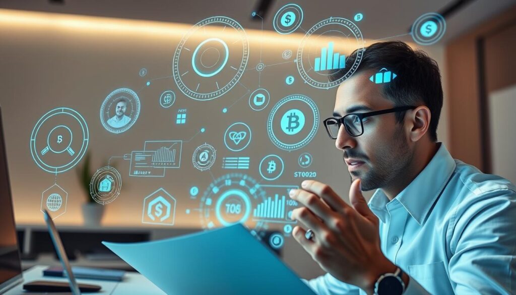 A focused blockchain expert intensely studying various techniques and methodologies, surrounded by floating holographic diagrams, data visualizations, and cryptocurrency symbols. The scene is set in a futuristic, minimalist workspace with clean lines, neutral tones, and subtle ambient lighting, creating a serene, contemplative atmosphere conducive to deep intellectual focus. The expert's expression is one of determined concentration, their gaze fixed on the wealth of information before them, as they diligently work to master the complexities of blockchain technology and token standards.