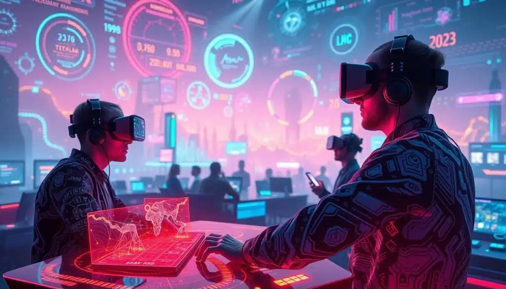 A futuristic and dynamic crypto gaming landscape, illuminated by the glow of holographic displays and virtual reality headsets. In the foreground, a team of AI-powered game developers collaborate on intricate token valuation models, their screens awash in complex algorithms and data visualizations. In the middle ground, players immerse themselves in captivating blockchain-based games, their avatars moving fluidly through vibrant, pixelated worlds. The background is a tapestry of emerging technologies – neural networks, decentralized ledgers, and autonomous agents – shaping the future of the industry. The scene is bathed in a neon-tinged, cyberpunk-inspired lighting, conveying a sense of excitement and innovation within the crypto gaming realm.