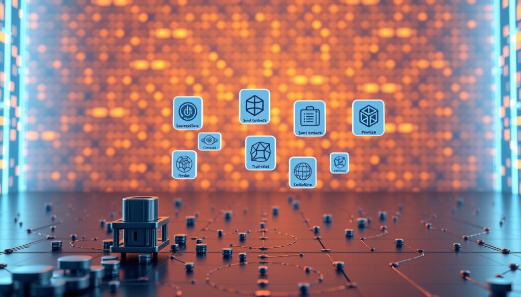 A futuristic and sleek rendering of blockchain provider features. In the foreground, a stylized depiction of blockchain nodes and data structures, rendered in a metallic, high-tech style. In the middle ground, various blockchain service icons float in a seamless 3D space, each showcasing a key provider offering such as secure transactions, smart contracts, and decentralized storage. The background is a dynamic, glowing grid of blockchain-inspired patterns, casting a warm, digital glow over the scene. The overall aesthetic is clean, minimalist, and evocative of the advanced, cutting-edge nature of blockchain technology and its service providers.