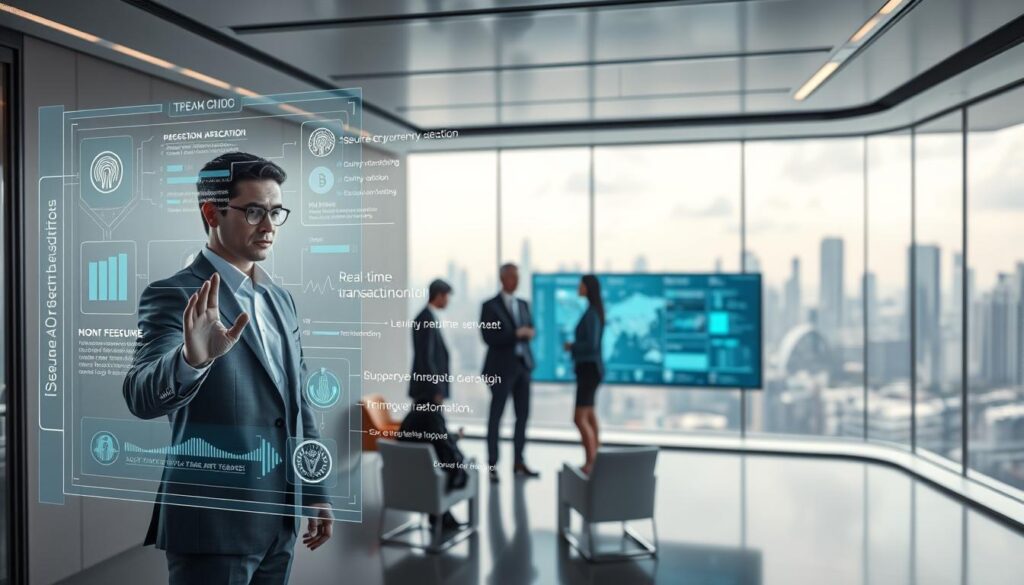 A futuristic business office interior with a sleek, minimalist aesthetic. In the foreground, a well-dressed professional interacts with a transparent, holographic projection of a secure cryptocurrency wallet interface, complete with biometric authentication and real-time transaction monitoring. The middle ground features a team of executives collaborating around a large, interactive display, examining data visualizations and financial projections related to the wallet's capabilities. The background showcases a panoramic city skyline, reflecting the global reach and technological sophistication of the AI-driven wallet system. Soft, directional lighting and a muted color palette convey a sense of efficiency, innovation, and corporate success.