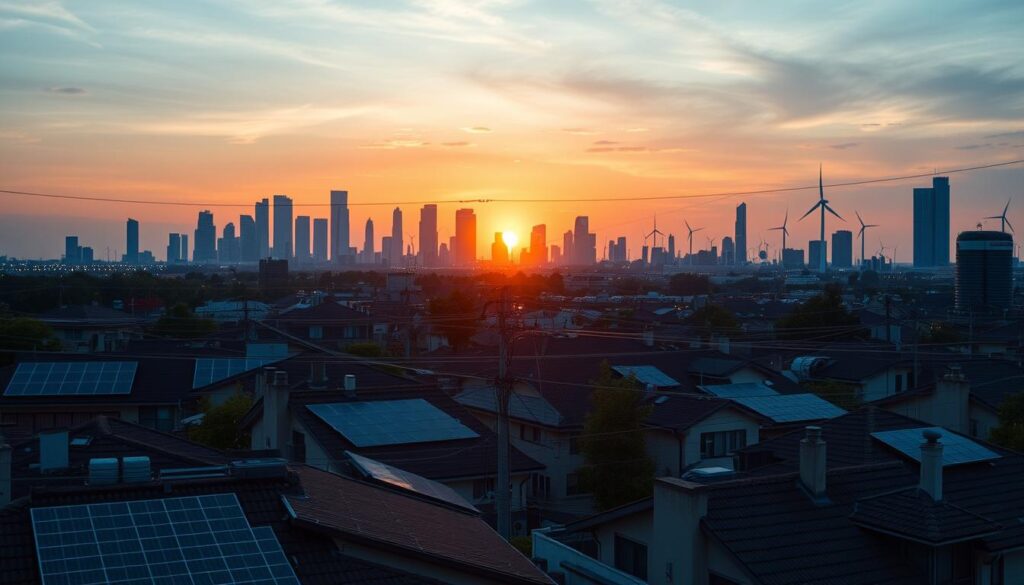 A futuristic city skyline at dusk, showcasing a decentralized energy management system. In the foreground, a network of interconnected smart meters and solar panels on residential rooftops. In the middle ground, a web of power lines and energy storage facilities, pulsing with the flow of renewable energy. In the background, towering skyscrapers and wind turbines on the horizon, illuminated by a warm, golden sunset. The scene conveys a sense of technological progress and environmental sustainability, with a focus on the seamless integration of distributed energy resources and efficient grid management.