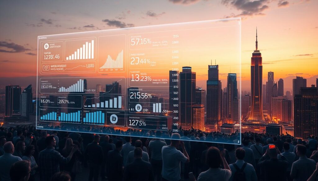 A futuristic cityscape at dusk, bathed in a warm, golden glow. In the foreground, a holographic display showcases various cryptocurrency presale metrics and trends, analyzed by an advanced AI system. The middle ground features a bustling crowd of investors and traders, gesturing excitedly as they monitor the data. In the background, towering skyscrapers with neon-lit facades stand tall, reflecting the vibrant and rapidly evolving crypto ecosystem. The scene conveys a sense of technological innovation, data-driven decision making, and the growing influence of AI in the world of cryptocurrency presales. A futuristic cityscape at dusk, bathed in a warm, golden glow. In the foreground, a holographic display showcases various cryptocurrency presale metrics and trends, analyzed by an advanced AI system. The middle ground features a bustling crowd of investors and traders, gesturing excitedly as they monitor the data. In the background, towering skyscrapers with neon-lit facades stand tall, reflecting the vibrant and rapidly evolving crypto ecosystem. The scene conveys a sense of technological innovation, data-driven decision making, and the growing influence of AI in the world of cryptocurrency presales.