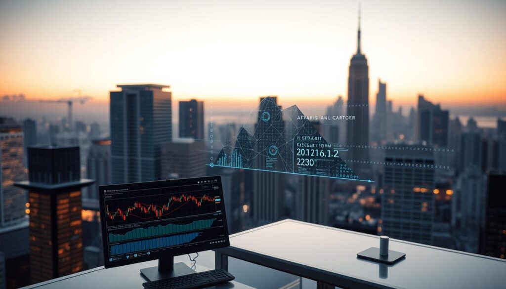 A futuristic cityscape at dusk, with skyscrapers of glass and steel in the background. In the foreground, a digital ledger or blockchain interface hovers in mid-air, seamlessly integrating with a traditional financial terminal displaying stock charts and data. The scene is bathed in a soft, warm light, conveying a sense of harmony and progress as the two realms converge. The composition is clean and minimalist, with a focus on the blending of old and new technologies. A futuristic cityscape at dusk, with skyscrapers of glass and steel in the background. In the foreground, a digital ledger or blockchain interface hovers in mid-air, seamlessly integrating with a traditional financial terminal displaying stock charts and data. The scene is bathed in a soft, warm light, conveying a sense of harmony and progress as the two realms converge. The composition is clean and minimalist, with a focus on the blending of old and new technologies.