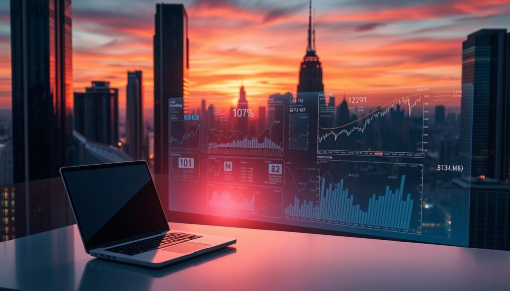 A futuristic cityscape at dusk, with towering skyscrapers and a holographic display showcasing a dynamic financial forecast. In the foreground, a sleek, angular desk with a cutting-edge laptop and a minimalist, data-driven interface. Soft, ambient lighting illuminates the scene, creating a sense of technological sophistication. The middle ground features holographic projections of graphs, charts, and stock tickers, swirling and pulsing with real-time market data. In the background, a panoramic view of the city skyline, with a vibrant, neon-tinged sunset casting a warm glow over the entire scene, symbolizing the evolution of financial forecasting through AI-powered technology.