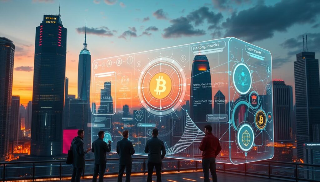 A futuristic cityscape at dusk, with towering skyscrapers and neon-lit holograms. In the foreground, a team of data scientists and engineers are gathered around a large holographic display, manipulating intricate algorithms and data flows. Amidst the holographic interfaces, digital representations of cryptocurrency tokens and lending platforms emerge, transforming and reconfiguring in real-time. The scene is bathed in a warm, ethereal glow, reflecting the intersection of advanced AI, blockchain technology, and the evolving world of decentralized finance.