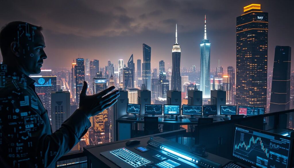 A futuristic cityscape at night, illuminated by the glow of holographic projections and neon-lit skyscrapers. In the foreground, a trader gestures animatedly, their movements mirrored by a dynamic AI interface displaying complex trading data and algorithms. In the middle ground, a cluster of sleek, chrome trading terminals manned by focused analysts, surrounded by a swarm of digital information streams. In the background, the silhouettes of towering blockchain structures and data centers loom, symbolizing the integration of AI and decentralized finance. The lighting is moody and atmospheric, casting dramatic shadows and highlights that accentuate the sense of technological innovation and financial revolution.