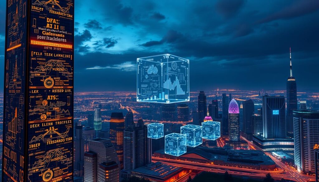 A futuristic cityscape at night, with a towering blockchain-inspired architecture in the foreground. Intricate data visualizations and AI-powered analytics projected onto the building's facade, casting a warm, holographic glow. In the middle ground, an array of transparent, levitating data cubes suspended in the air, each displaying complex algorithms and machine learning models. The background is a panoramic view of the city skyline, with skyscrapers and hover-cars illuminated by neon-hued lights. The scene exudes a sense of technological innovation, data-driven insights, and the seamless integration of blockchain and AI. A futuristic cityscape at night, with a towering blockchain-inspired architecture in the foreground. Intricate data visualizations and AI-powered analytics projected onto the building's facade, casting a warm, holographic glow. In the middle ground, an array of transparent, levitating data cubes suspended in the air, each displaying complex algorithms and machine learning models. The background is a panoramic view of the city skyline, with skyscrapers and hover-cars illuminated by neon-hued lights. The scene exudes a sense of technological innovation, data-driven insights, and the seamless integration of blockchain and AI.