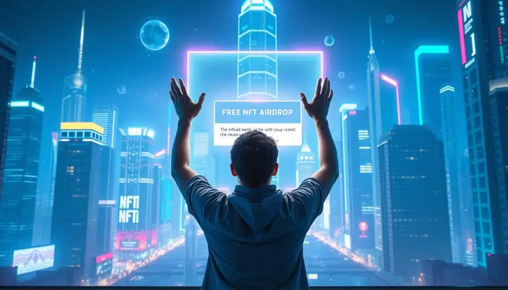 A futuristic cityscape at night, with neon-lit skyscrapers and holograms floating in the air. In the foreground, a person is standing before a glowing holographic interface, hands raised in celebration as they receive a notification about a free NFT airdrop. The scene is bathed in a cool, cyberpunk-inspired color palette, with shimmering highlights and atmospheric lighting that creates a sense of wonder and technological advancement. The composition emphasizes the excitement and anticipation of the moment, capturing the thrill of participating in the cutting-edge world of NFTs.