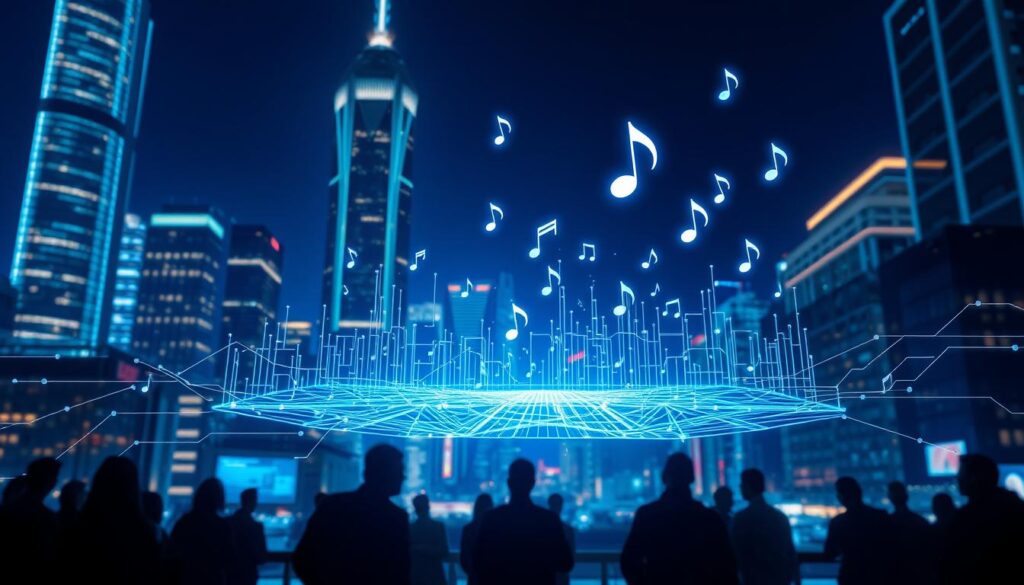 A futuristic cityscape at night, with towering skyscrapers and a vibrant neon-lit skyline. In the foreground, a digital blockchain ledger hovers, its intricate lines and symbols pulsing with energy. Holographic music notes and symbols float around the ledger, representing the seamless tracking and distribution of music royalties. The scene is bathed in a cool, blue-tinted lighting, creating an atmosphere of technological innovation and financial transparency. In the background, silhouettes of musicians and producers can be seen, their creative work being fairly and securely compensated through the power of blockchain technology.
