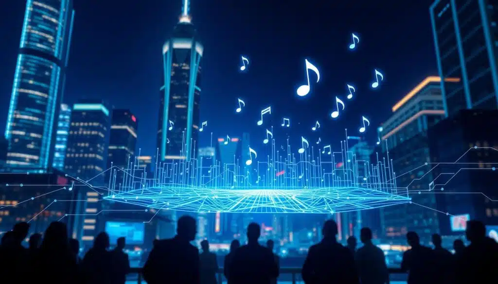 A futuristic cityscape at night, with towering skyscrapers and a vibrant neon-lit skyline. In the foreground, a digital blockchain ledger hovers, its intricate lines and symbols pulsing with energy. Holographic music notes and symbols float around the ledger, representing the seamless tracking and distribution of music royalties. The scene is bathed in a cool, blue-tinted lighting, creating an atmosphere of technological innovation and financial transparency. In the background, silhouettes of musicians and producers can be seen, their creative work being fairly and securely compensated through the power of blockchain technology.