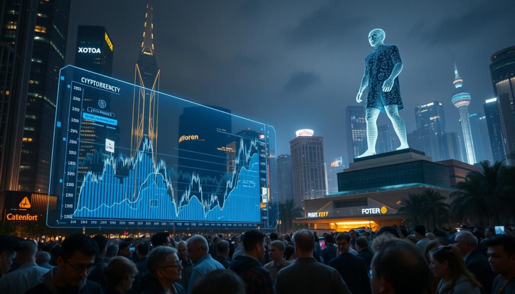 A futuristic cityscape at night, with towering skyscrapers and neon-lit streets. In the foreground, a holographic display showcases a surging cryptocurrency graph, data streams, and AI-driven trading algorithms. The middle ground features a diverse crowd of investors, analysts, and developers, their faces illuminated by the glow of their devices. In the background, a towering statue of a digital avatar presides over the scene, symbolizing the growing influence of artificial intelligence in the cryptocurrency market. The lighting is dramatic, with deep shadows and highlights, creating a sense of technological wonder and financial innovation. The overall mood is one of progress, innovation, and the inexorable rise of AI-powered finance. A futuristic cityscape at night, with towering skyscrapers and neon-lit streets. In the foreground, a holographic display showcases a surging cryptocurrency graph, data streams, and AI-driven trading algorithms. The middle ground features a diverse crowd of investors, analysts, and developers, their faces illuminated by the glow of their devices. In the background, a towering statue of a digital avatar presides over the scene, symbolizing the growing influence of artificial intelligence in the cryptocurrency market. The lighting is dramatic, with deep shadows and highlights, creating a sense of technological wonder and financial innovation. The overall mood is one of progress, innovation, and the inexorable rise of AI-powered finance.