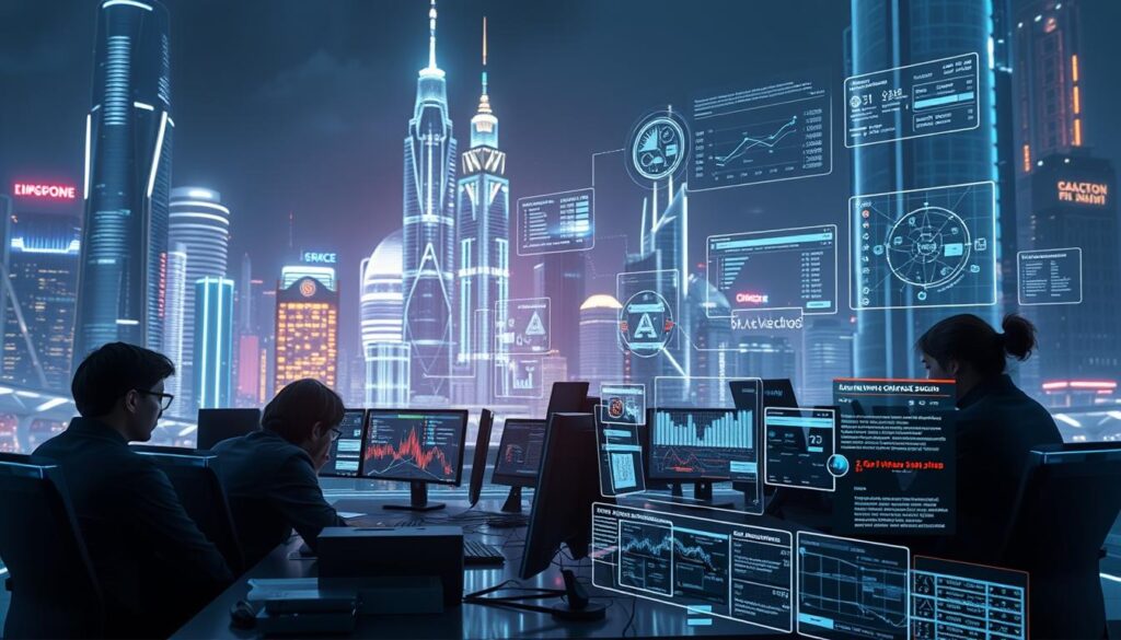 A futuristic cityscape backdrop, with towering skyscrapers and a gleaming, high-tech infrastructure. In the foreground, a team of data analysts and developers intensely focused on their computer screens, grappling with the complexities of an advanced AI-powered blockchain oracle system. Scattered throughout the scene, a series of holographic visualizations and diagnostic readouts, illustrating the real-time challenges and potential solutions to the oracle deployment process. Subtle neon accents and a moody, atmospheric lighting create a sense of technological immersion and the weight of the task at hand. The overall tone conveys a determined, problem-solving mindset in the face of cutting-edge technological hurdles.