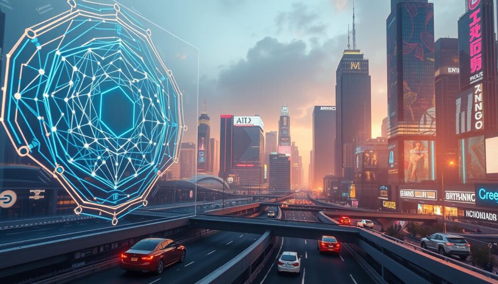 A futuristic cityscape bathed in a soft, warm glow. In the foreground, a holographic display showcases complex blockchain diagrams and AI algorithms, their intricate structures pulsing with energy. In the middle ground, autonomous vehicles navigate seamless smart city infrastructure, while in the background, towering skyscrapers adorned with digital murals and neon-lit signage hint at the integration of cryptocurrency and AI technology into everyday life. The scene conveys a sense of technological sophistication, progress, and the real-world impact of AI-powered crypto applications.