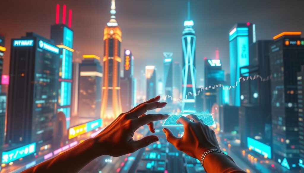 A futuristic cityscape, illuminated by a vibrant array of holographic displays and neon-lit skyscrapers, serves as the backdrop for the evolution of AI trading technology. In the foreground, a cascading timeline of data visualizations and algorithmic trading models materializes, showcasing the rapid advancements in automated financial systems. Amidst this digital landscape, disembodied hands manipulate virtual interfaces, navigating the complexities of the crypto social trading networks. The scene is bathed in a warm, ambient glow, creating a sense of immersion and technological innovation. Subtle details, such as floating data particles and holographic projections, add depth and complexity to this visionary interpretation of the future of AI-driven financial markets. A futuristic cityscape, illuminated by a vibrant array of holographic displays and neon-lit skyscrapers, serves as the backdrop for the evolution of AI trading technology. In the foreground, a cascading timeline of data visualizations and algorithmic trading models materializes, showcasing the rapid advancements in automated financial systems. Amidst this digital landscape, disembodied hands manipulate virtual interfaces, navigating the complexities of the crypto social trading networks. The scene is bathed in a warm, ambient glow, creating a sense of immersion and technological innovation. Subtle details, such as floating data particles and holographic projections, add depth and complexity to this visionary interpretation of the future of AI-driven financial markets.
