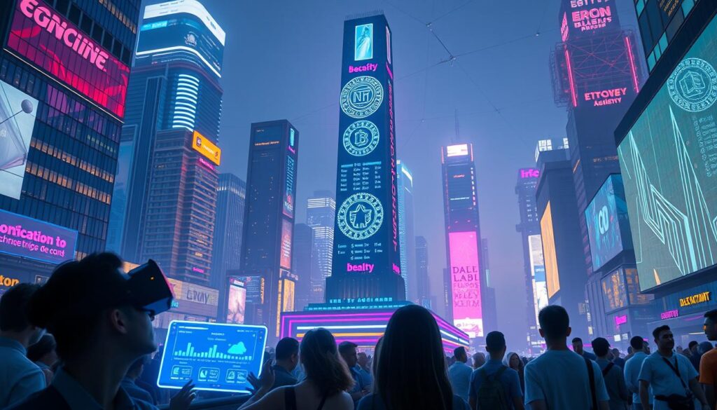 A futuristic cityscape of gleaming skyscrapers and holographic billboards, bathed in a vibrant neon glow. In the foreground, a group of people engaged in a virtual reality experience, their faces lit by the ethereal display of a floating NFT loyalty program interface. The middle ground features a towering digital monument, its surface adorned with intricate, ever-changing NFT designs that represent the achievements and accolades of loyal customers. In the background, a network of interconnected devices and data streams pulsates with the energy of a thriving, tech-driven economy. The overall atmosphere conveys a sense of innovation, immersion, and the seamless integration of blockchain-powered loyalty systems into the fabric of urban life. A futuristic cityscape of gleaming skyscrapers and holographic billboards, bathed in a vibrant neon glow. In the foreground, a group of people engaged in a virtual reality experience, their faces lit by the ethereal display of a floating NFT loyalty program interface. The middle ground features a towering digital monument, its surface adorned with intricate, ever-changing NFT designs that represent the achievements and accolades of loyal customers. In the background, a network of interconnected devices and data streams pulsates with the energy of a thriving, tech-driven economy. The overall atmosphere conveys a sense of innovation, immersion, and the seamless integration of blockchain-powered loyalty systems into the fabric of urban life.