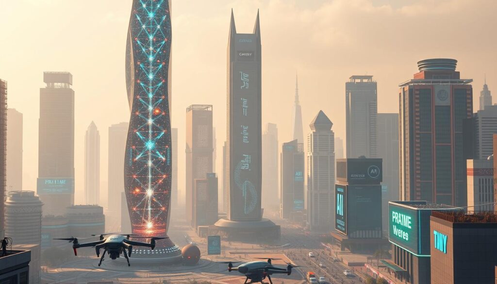 A futuristic cityscape of gleaming skyscrapers, where AI algorithms and blockchain networks intertwine in a symphony of technological convergence. The foreground features a towering, crystalline data structure pulsing with digital energy, symbolizing the integration of these revolutionary technologies. In the middle ground, autonomous drones and robotic sentinels patrol the bustling streets, facilitating secure transactions and seamless data exchange. The background is a hazy, neon-tinged skyline, its buildings adorned with holographic displays showcasing the latest advancements in AI-powered crypto applications. The scene is bathed in a warm, ethereal light, conveying a sense of innovation, progress, and the boundless potential of this transformative technological marriage.
