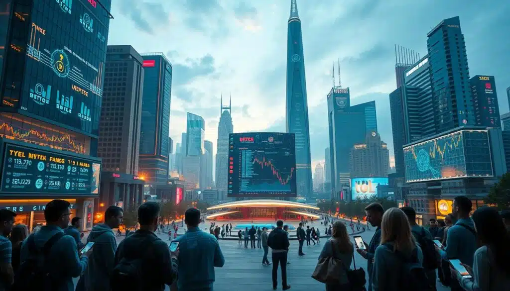 A futuristic cityscape of token offering platforms, with sleek high-rise buildings and holographic displays showcasing various cryptocurrency projects. In the foreground, a group of blockchain enthusiasts engage in lively discussions, their faces illuminated by the glow of their mobile devices. The middle ground features a central plaza, where a large digital screen projects real-time data and market trends. The background is dominated by a stunning, neon-lit skyline, reflecting the dynamic and ever-evolving nature of the cryptocurrency landscape. The scene is captured with a cinematic, wide-angle lens, creating a sense of depth and immersion, and lit by a combination of natural and artificial lighting to convey a sense of technological sophistication and innovation.