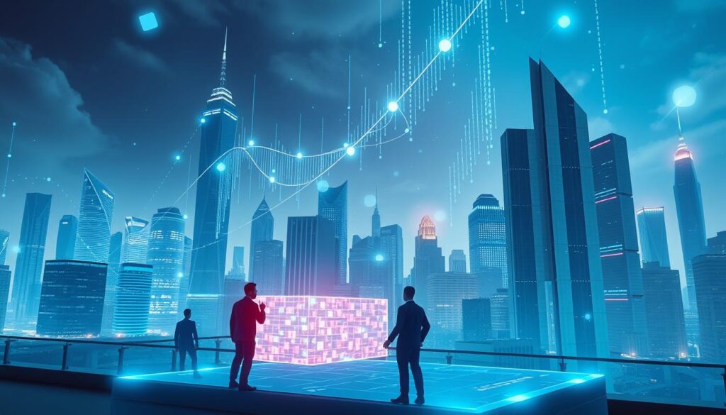 A futuristic cityscape with a blockchain-inspired digital overlay, showcasing the seamless integration of AI and cryptocurrency technologies. Towering skyscrapers and sleek, minimalist architecture create a striking backdrop, while holographic displays and glowing data streams dance across the sky, symbolizing the real-time flow of information and transactions. In the foreground, a group of figures interact with a tactile, holographic interface, highlighting the intuitive user experience of this advanced technological ecosystem. The scene is bathed in a cool, blue-tinted lighting, conveying a sense of technological sophistication and innovation.