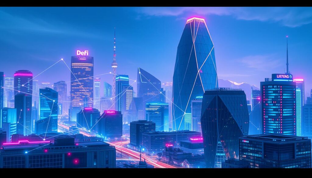 A futuristic cityscape with a dynamic blockchain network in the foreground. Vibrant holograms and neon-lit data streams intertwine, symbolizing the integration of decentralized finance into the urban landscape. In the middle ground, various AI-powered crypto wallets and trading platforms interact seamlessly, their interfaces projected onto the sleek, chrome-accented buildings. The background features a towering, pyramidal data center, its faceted structure pulsing with multicolored energy, representing the powerful computational infrastructure that enables the DeFi ecosystem. The scene is bathed in a cool, blue-hued lighting, creating an atmosphere of technological innovation and forward-thinking progress.