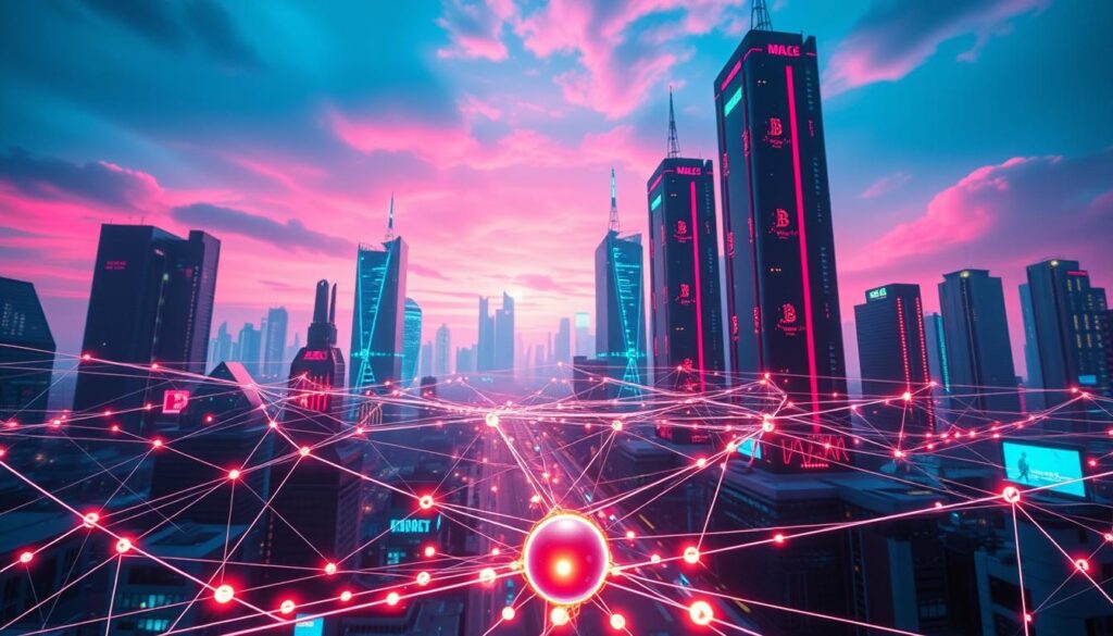A futuristic cityscape with a prominent blockchain network at its core. In the foreground, a web of connected nodes and transaction flows pulsate with digital energy, casting a mesmerizing glow. The middle ground features tall, sleek skyscrapers adorned with holographic displays, showcasing the integration of blockchain technology into various industries. In the background, a vibrant, neon-tinged sky creates an atmospheric, cyberpunk-inspired ambiance, underscoring the transformative power of this revolutionary technology. The scene is captured through a wide-angle lens, emphasizing the scale and complexity of the blockchain ecosystem. Soft, diffused lighting illuminates the scene, creating depth and a sense of technological sophistication. A futuristic cityscape with a prominent blockchain network at its core. In the foreground, a web of connected nodes and transaction flows pulsate with digital energy, casting a mesmerizing glow. The middle ground features tall, sleek skyscrapers adorned with holographic displays, showcasing the integration of blockchain technology into various industries. In the background, a vibrant, neon-tinged sky creates an atmospheric, cyberpunk-inspired ambiance, underscoring the transformative power of this revolutionary technology. The scene is captured through a wide-angle lens, emphasizing the scale and complexity of the blockchain ecosystem. Soft, diffused lighting illuminates the scene, creating depth and a sense of technological sophistication.
