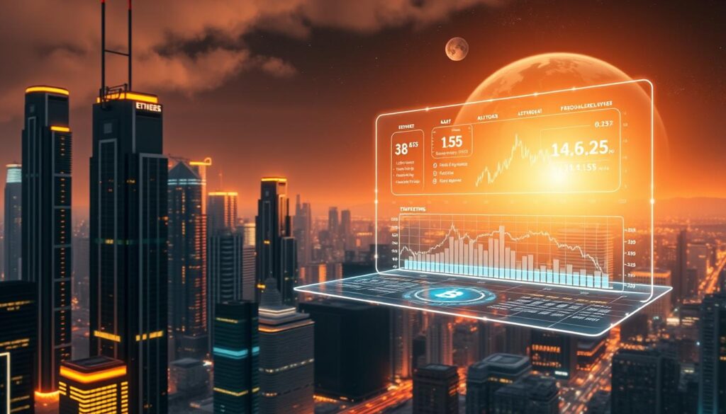 A futuristic cityscape with skyscrapers and neon lights, bathed in a warm, golden glow. In the foreground, a sleek, holographic interface hovers, displaying real-time cryptocurrency trading data and insights. Elegant data visualizations and dynamic charts showcase the benefits of automated trading, such as lightning-fast order execution, round-the-clock market monitoring, and personalized risk management. In the middle ground, a diverse array of digital assets, including Bitcoin, Ethereum, and Altcoins, are represented as abstract, geometric shapes. The background is filled with a serene, cosmic landscape, hinting at the global, decentralized nature of the cryptocurrency market. The overall atmosphere evokes a sense of technological advancement, financial empowerment, and the transformative potential of AI-driven trading in the dynamic world of cryptocurrencies.